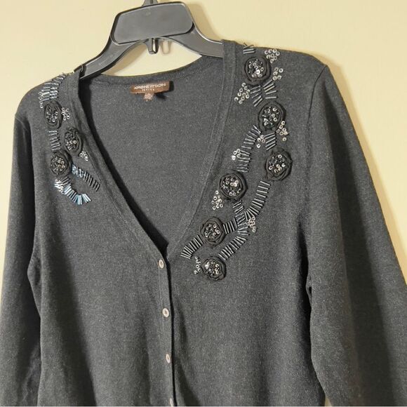 Adrienne Vittadini Silk Blend V-Neck Beaded Button Down Cardigan Sweater - Picture 5 of 7